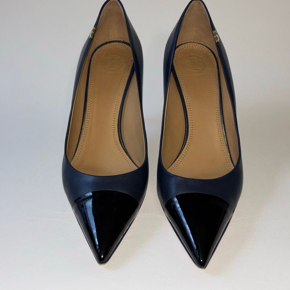 Tory Burch Penelope Pump Shoe Heel Navy Leather/black patent toe Sz 8 85mm EUC - Picture 2 of 9
